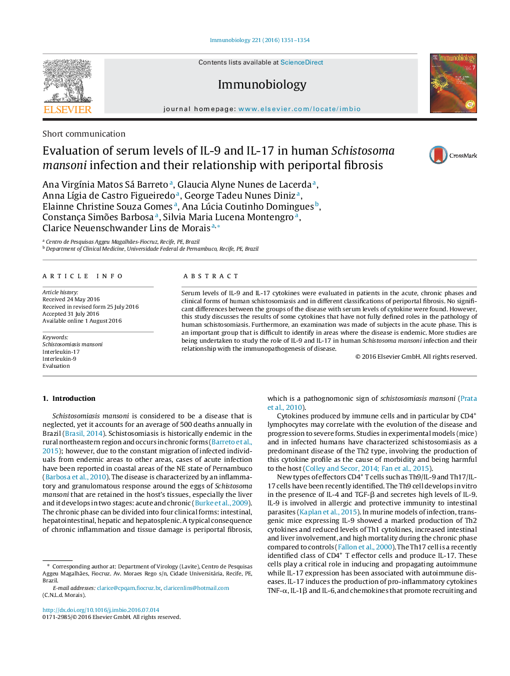 Short communicationEvaluation of serum levels of IL-9 and IL-17 in human Schistosoma mansoni infection and their relationship with periportal fibrosis