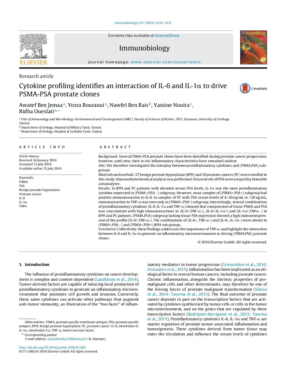 Research articleCytokine profiling identifies an interaction of IL-6 and IL-1Î± to drive PSMA-PSA prostate clones