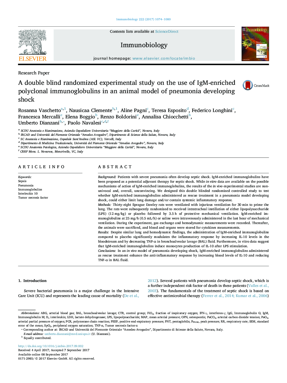 Research PaperA double blind randomized experimental study on the use of IgM-enriched polyclonal immunoglobulins in an animal model of pneumonia developing shock