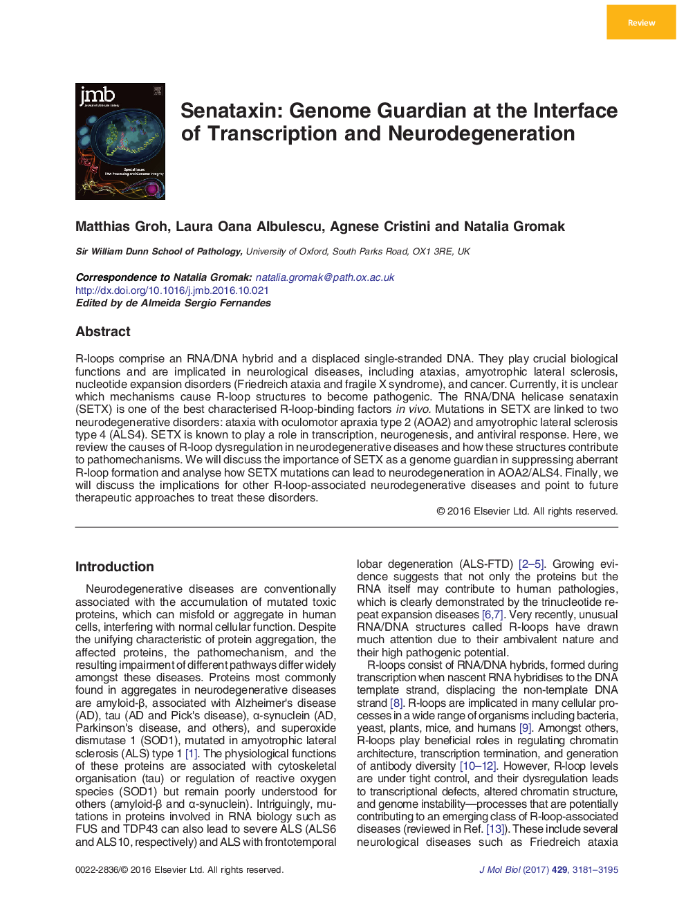 ReviewSenataxin: Genome Guardian at the Interface of Transcription and Neurodegeneration