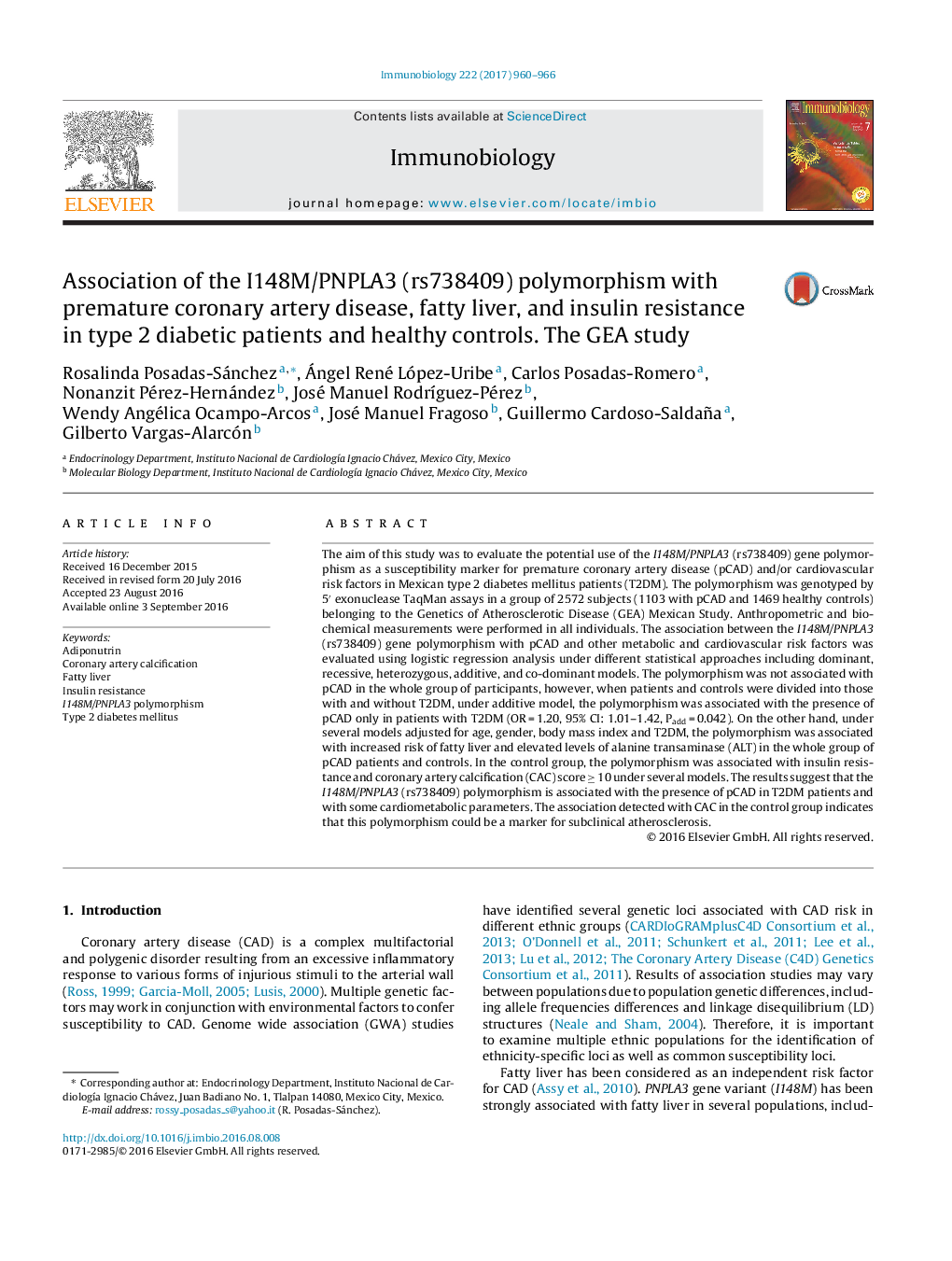 Association of the I148M/PNPLA3 (rs738409) polymorphism with premature coronary artery disease, fatty liver, and insulin resistance in type 2 diabetic patients and healthy controls. The GEA study