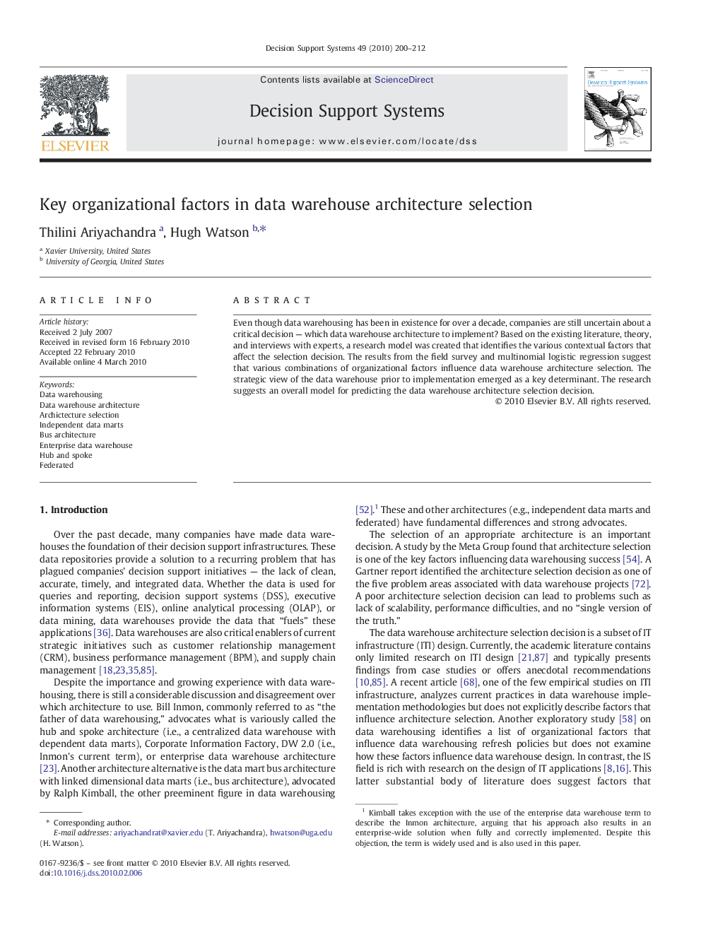 Key organizational factors in data warehouse architecture selection