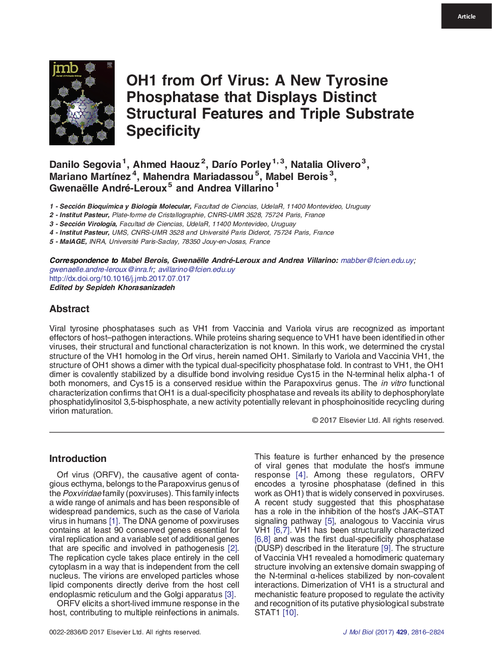 OH1 from Orf Virus: A New Tyrosine Phosphatase that Displays Distinct Structural Features and Triple Substrate Specificity