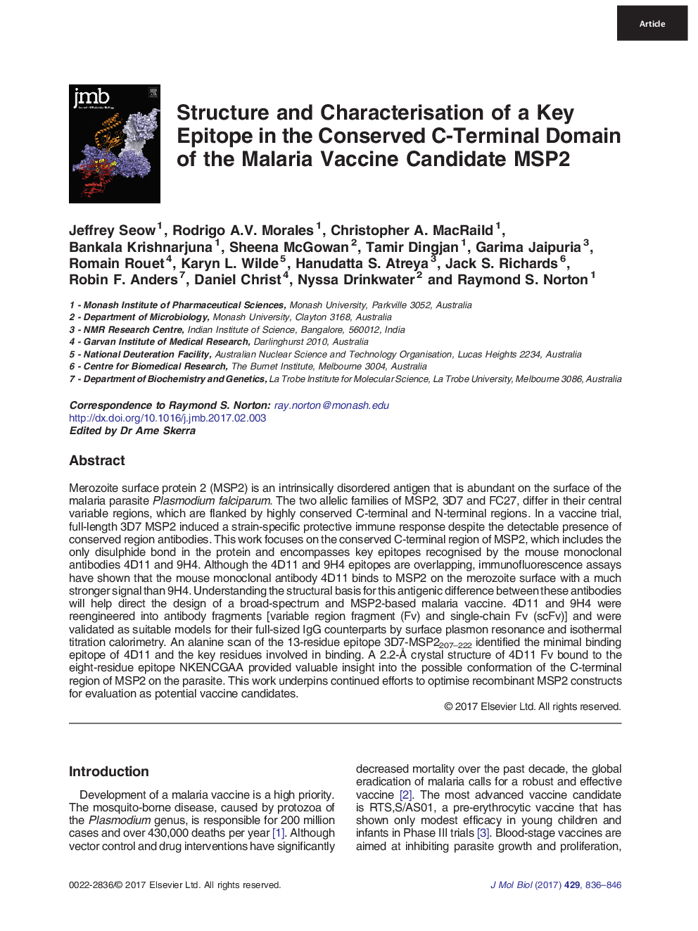 Structure and Characterisation of a Key Epitope in the Conserved C-Terminal Domain of the Malaria Vaccine Candidate MSP2