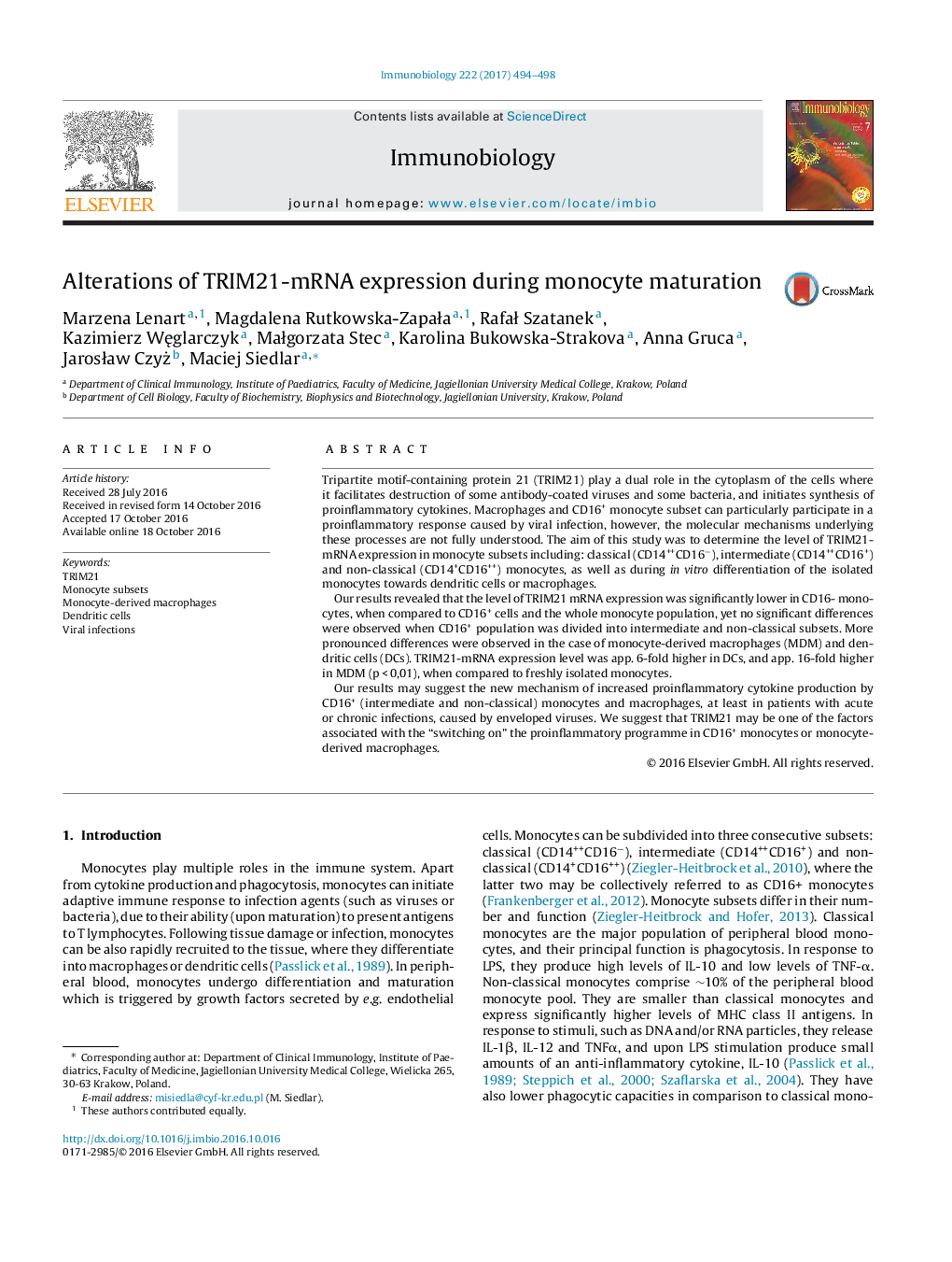 Alterations of TRIM21-mRNA expression during monocyte maturation