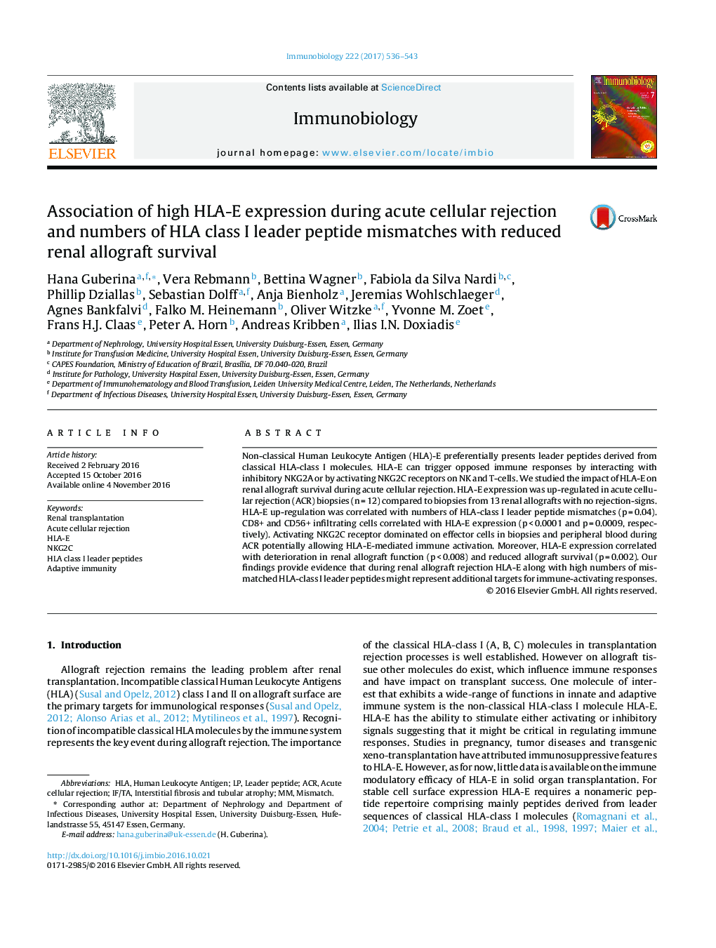 Association of high HLA-E expression during acute cellular rejection and numbers of HLA class I leader peptide mismatches with reduced renal allograft survival