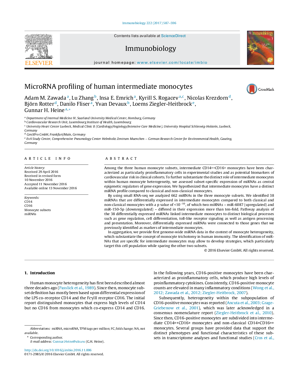 MicroRNA profiling of human intermediate monocytes