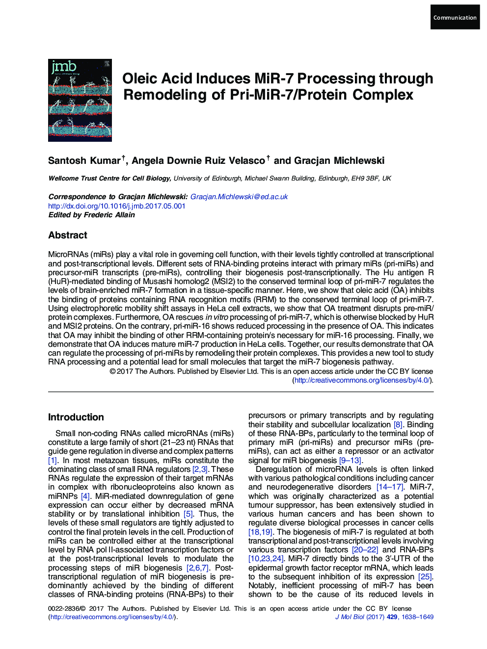 Oleic Acid Induces MiR-7 Processing through Remodeling of Pri-MiR-7/Protein Complex