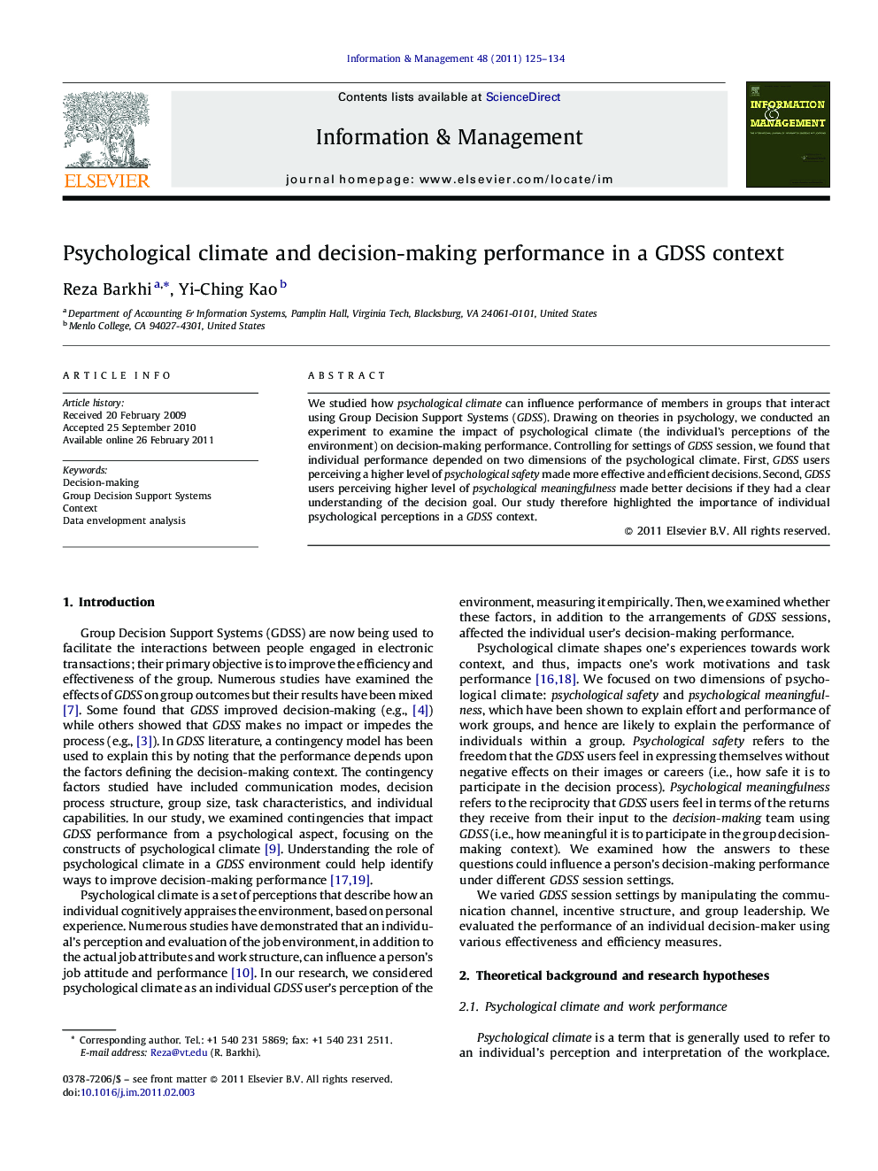 Psychological climate and decision-making performance in a GDSS context