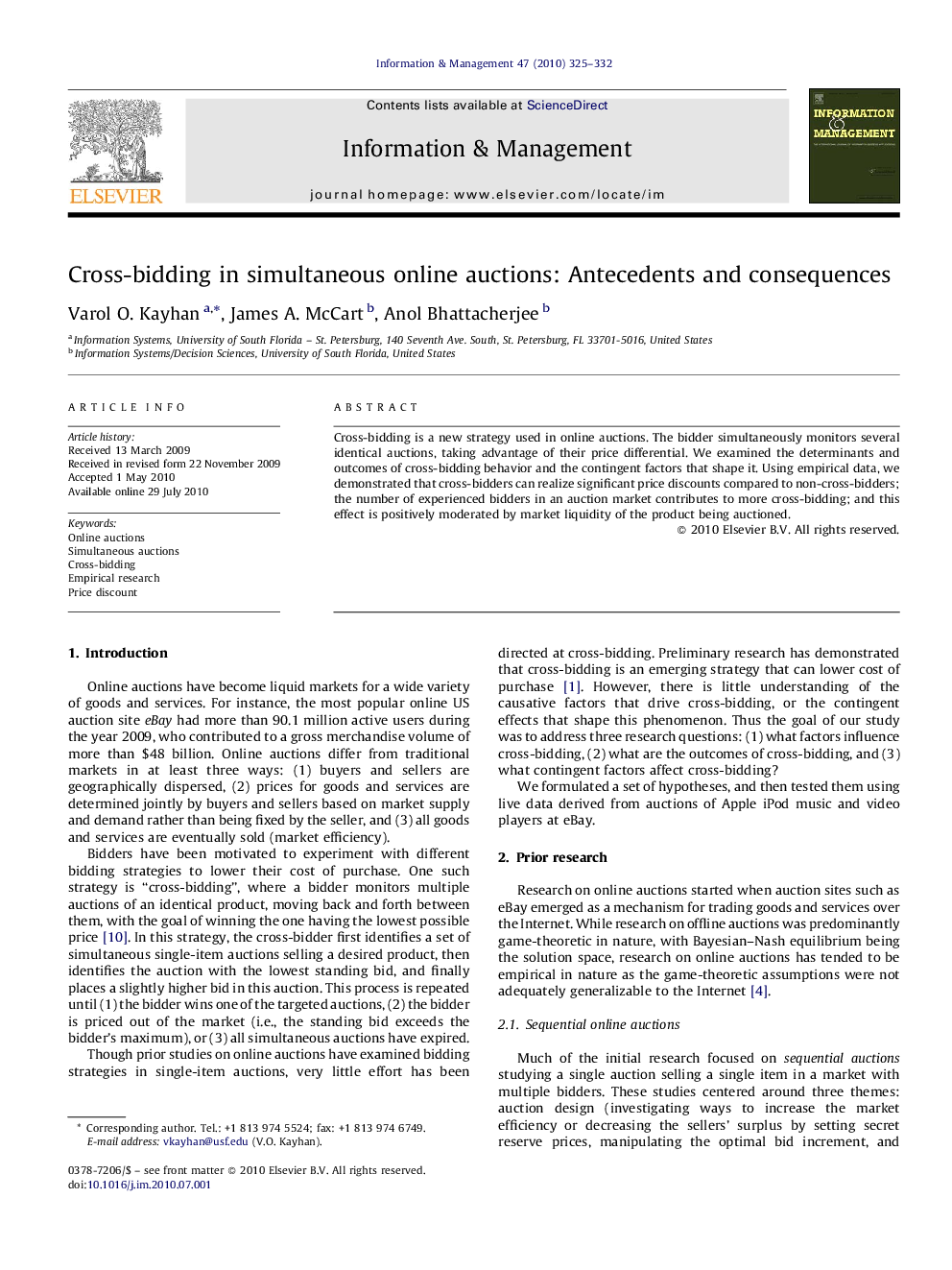 Cross-bidding in simultaneous online auctions: Antecedents and consequences