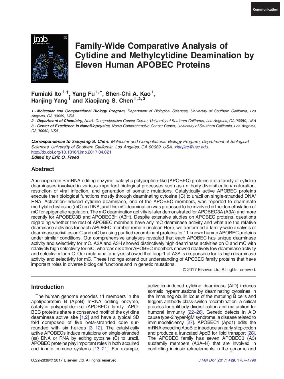 CommunicationFamily-Wide Comparative Analysis of Cytidine and Methylcytidine Deamination by Eleven Human APOBEC Proteins