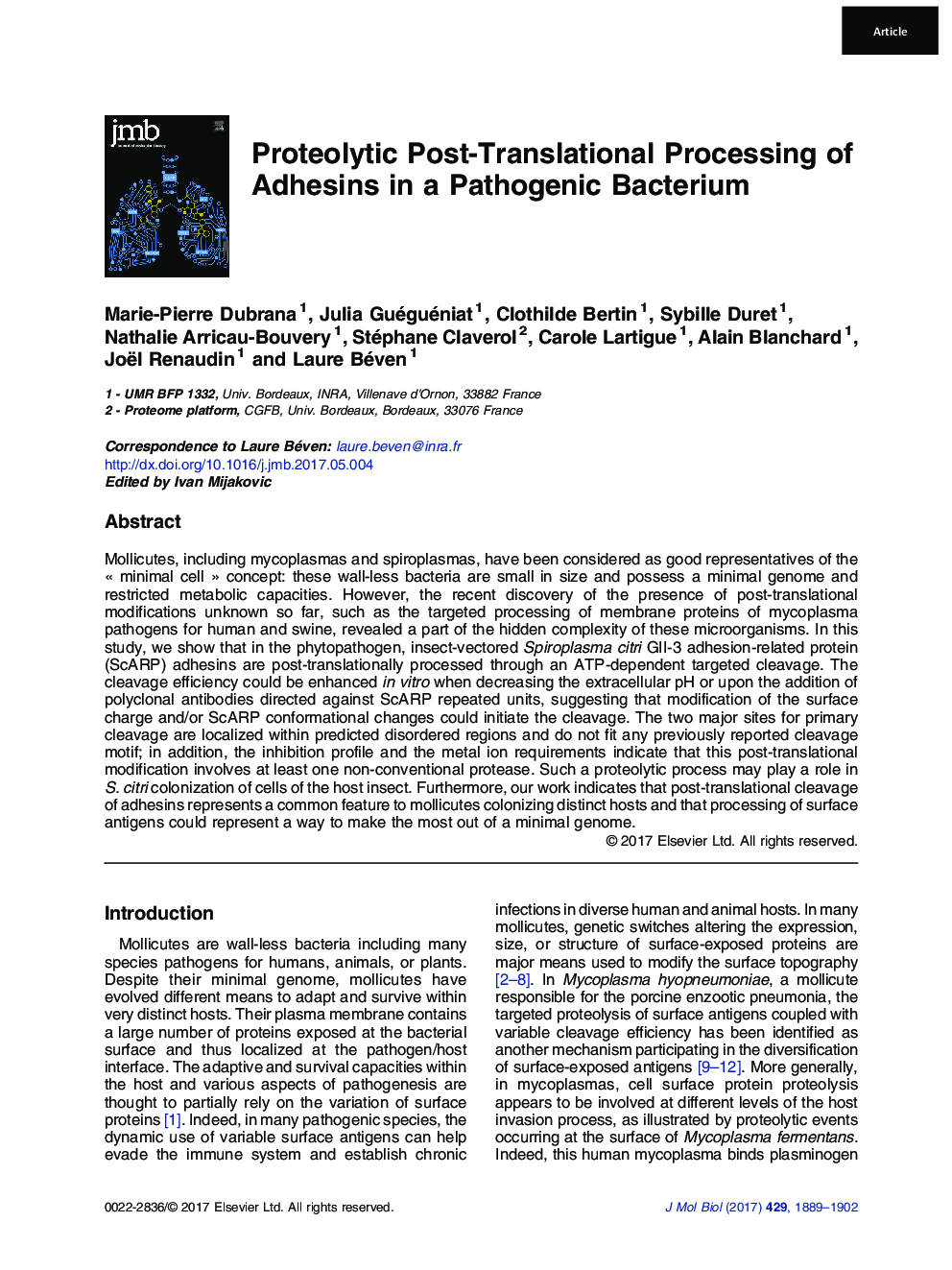 Proteolytic Post-Translational Processing of Adhesins in a Pathogenic Bacterium