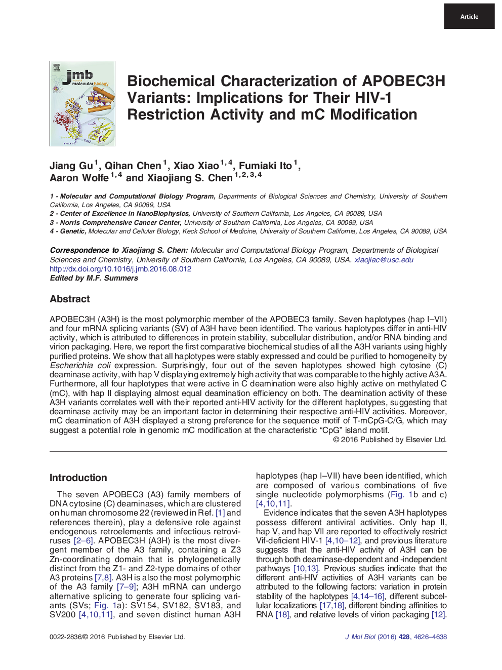 عکس صفحه اول مقاله: Biochemical Characterization of APOBEC3H Variants: Implications for Their HIV-1 Restriction Activity and mC Modification Biochemical Characterization of APOBEC3H Variants: Implications for Their HIV-1 Restriction Activity and mC Modification