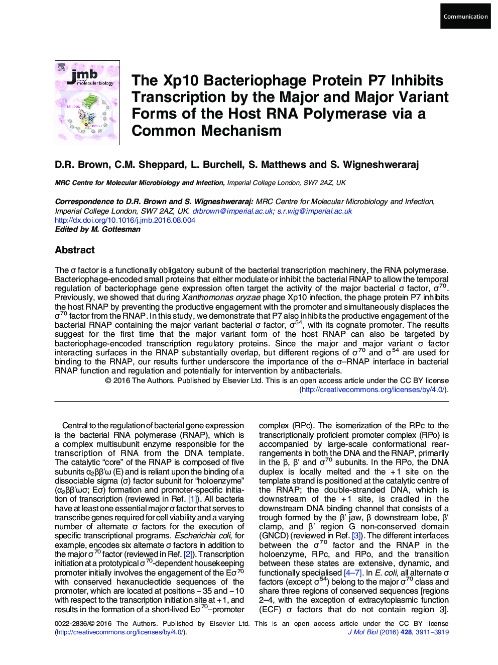 The Xp10 Bacteriophage Protein P7 Inhibits Transcription by the Major and Major Variant Forms of the Host RNA Polymerase via a Common Mechanism