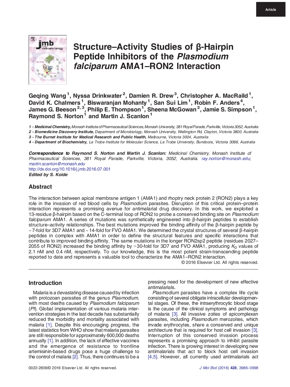 Structure–Activity Studies of β-Hairpin Peptide Inhibitors of the Plasmodium falciparum AMA1–RON2 Interaction