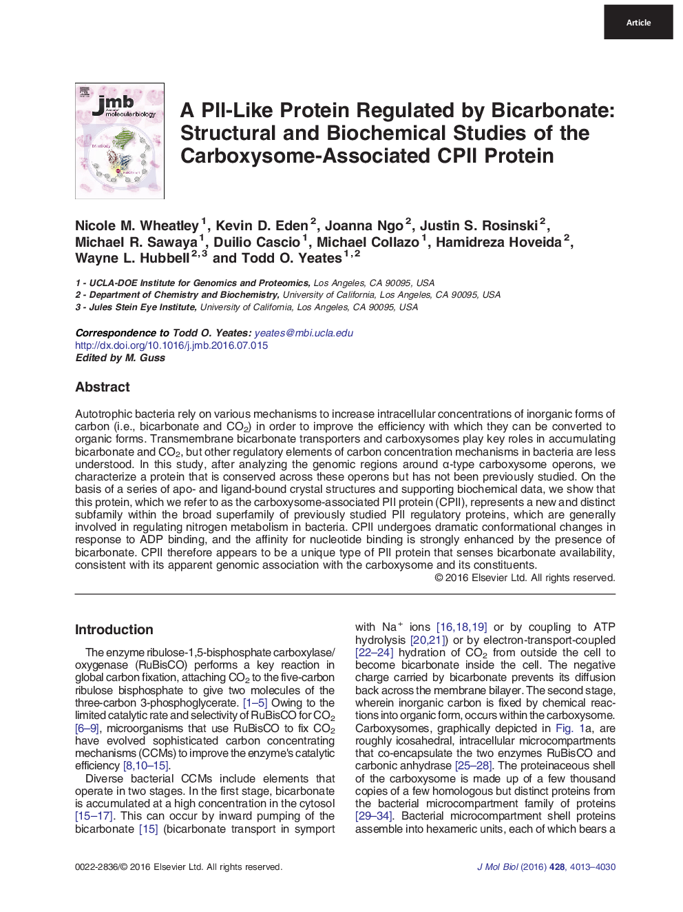 A PII-Like Protein Regulated by Bicarbonate: Structural and Biochemical Studies of the Carboxysome-Associated CPII Protein