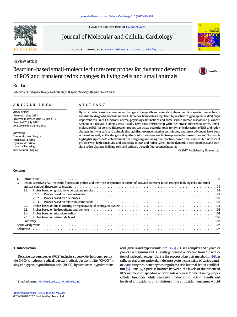 Review articleReaction-based small-molecule fluorescent probes for dynamic detection of ROS and transient redox changes in living cells and small animals