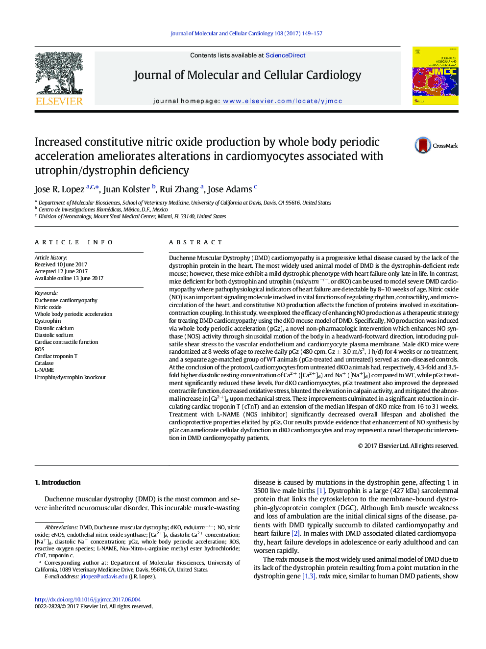 Increased constitutive nitric oxide production by whole body periodic acceleration ameliorates alterations in cardiomyocytes associated with utrophin/dystrophin deficiency