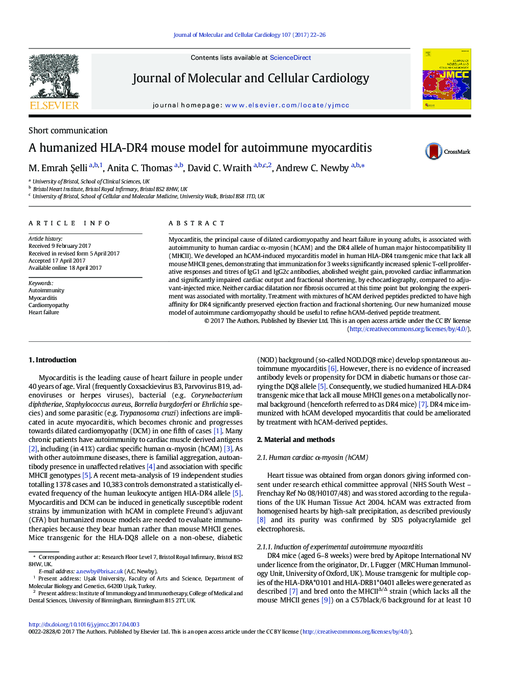 A humanized HLA-DR4 mouse model for autoimmune myocarditis