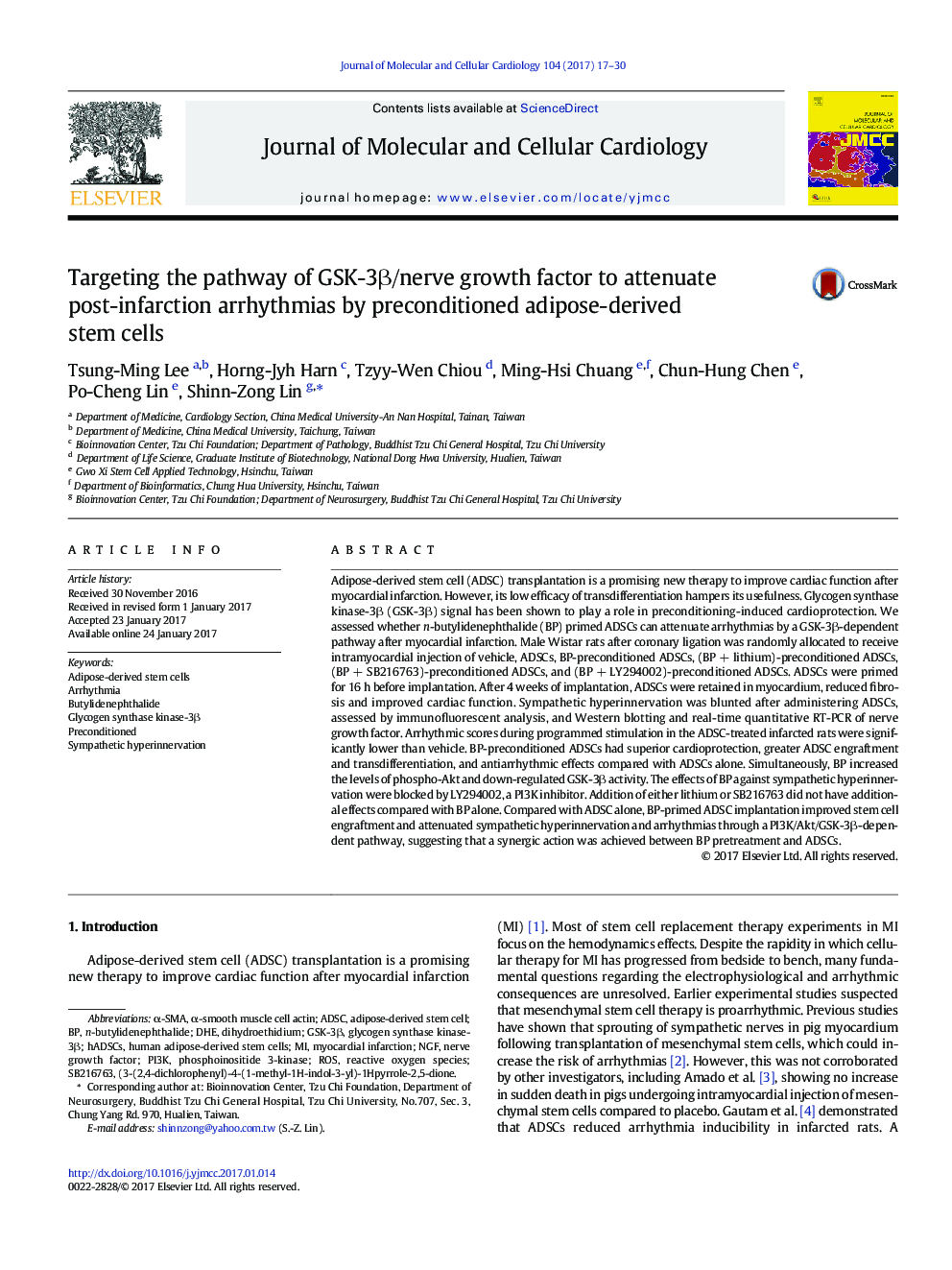 Targeting the pathway of GSK-3Î²/nerve growth factor to attenuate post-infarction arrhythmias by preconditioned adipose-derived stem cells