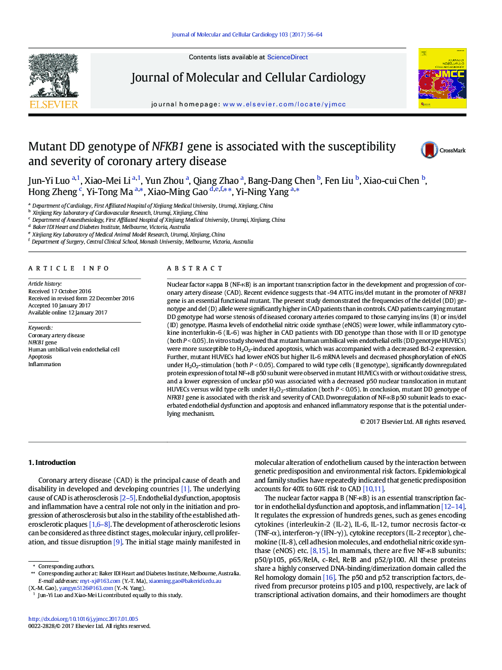 Mutant DD genotype of NFKB1 gene is associated with the susceptibility and severity of coronary artery disease