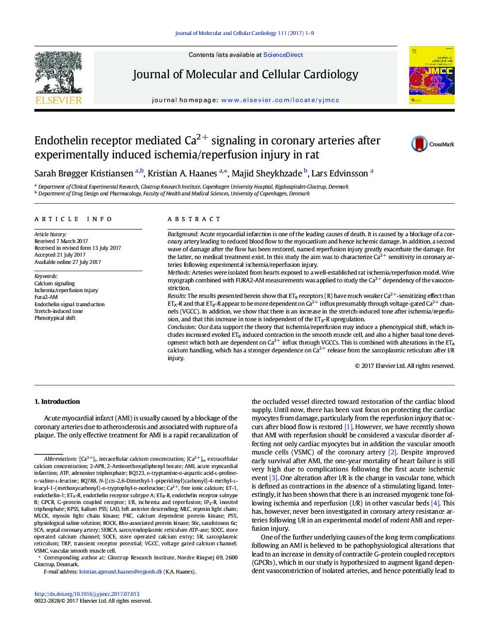 Endothelin receptor mediated Ca2+ signaling in coronary arteries after experimentally induced ischemia/reperfusion injury in rat