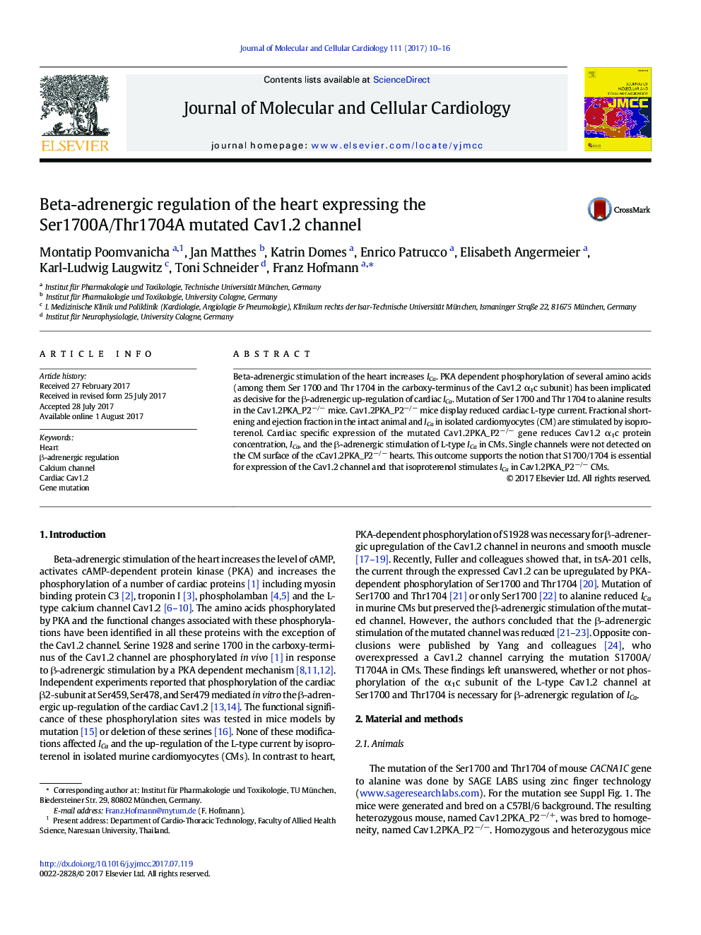 Beta-adrenergic regulation of the heart expressing the Ser1700A/Thr1704A mutated Cav1.2 channel