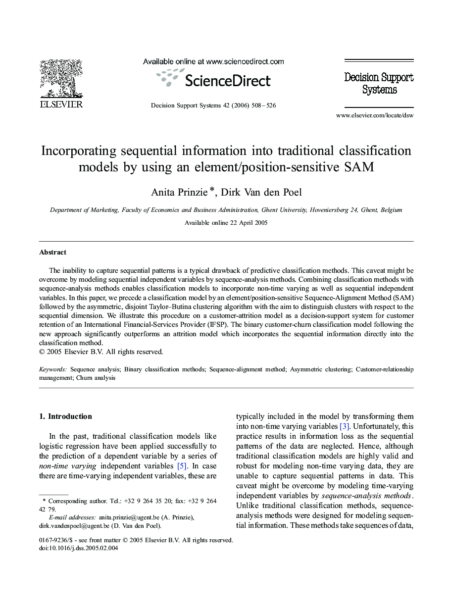 Incorporating sequential information into traditional classification models by using an element/position-sensitive SAM