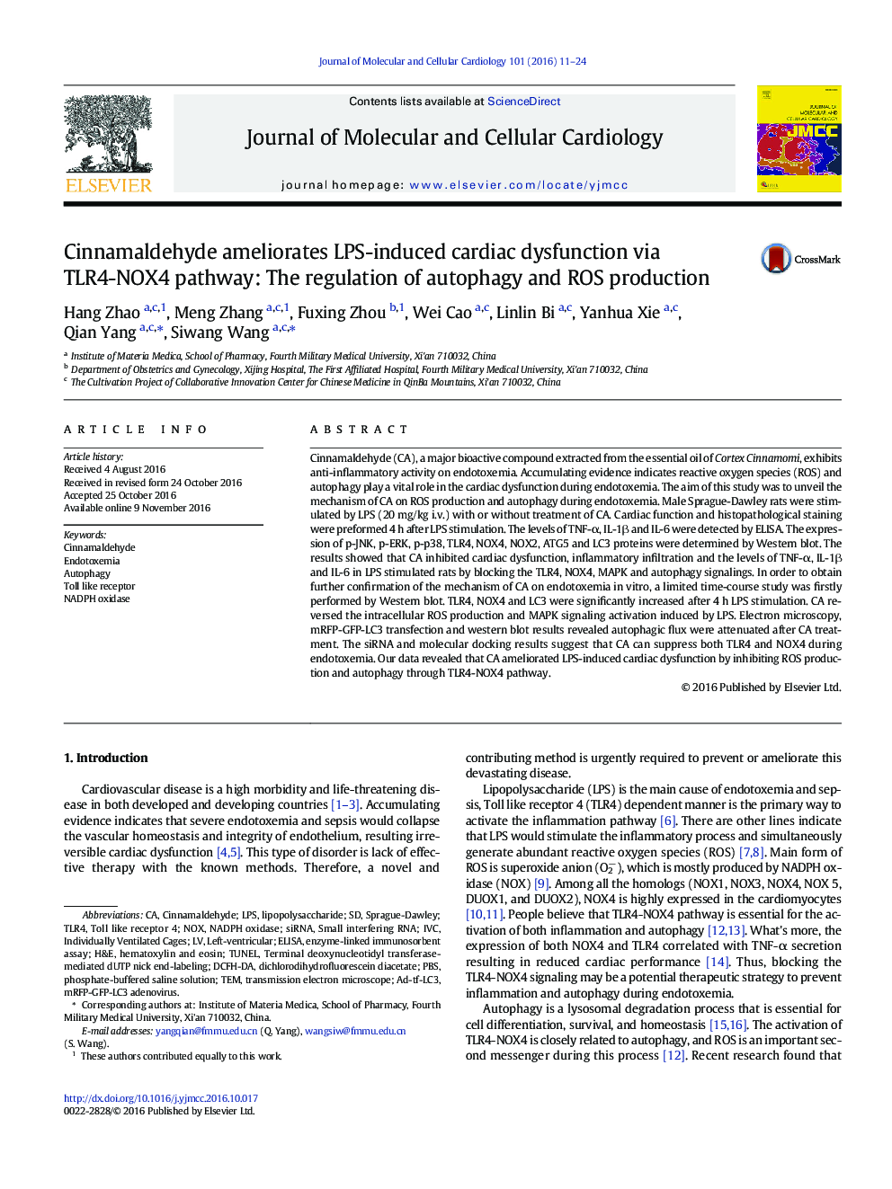 Cinnamaldehyde ameliorates LPS-induced cardiac dysfunction via TLR4-NOX4 pathway: The regulation of autophagy and ROS production