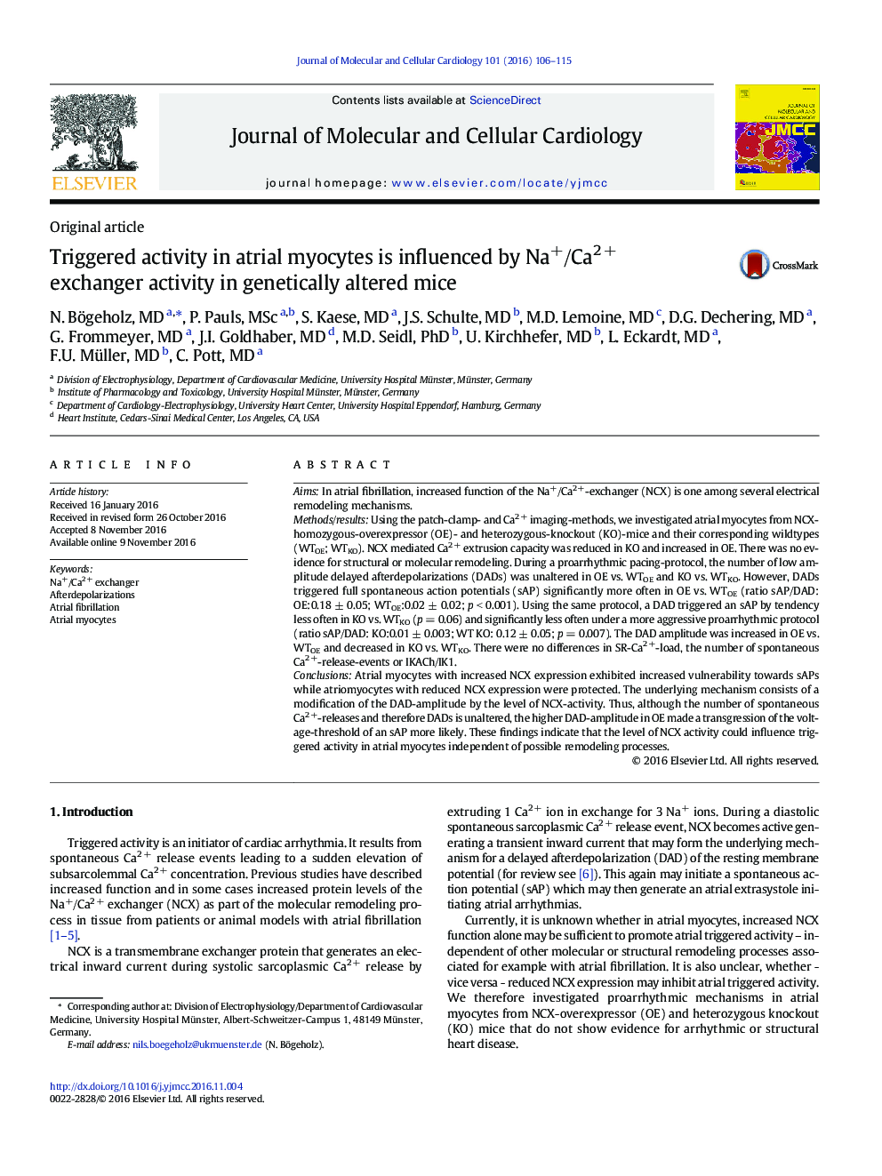 Original articleTriggered activity in atrial myocytes is influenced by Na+/Ca2Â + exchanger activity in genetically altered mice