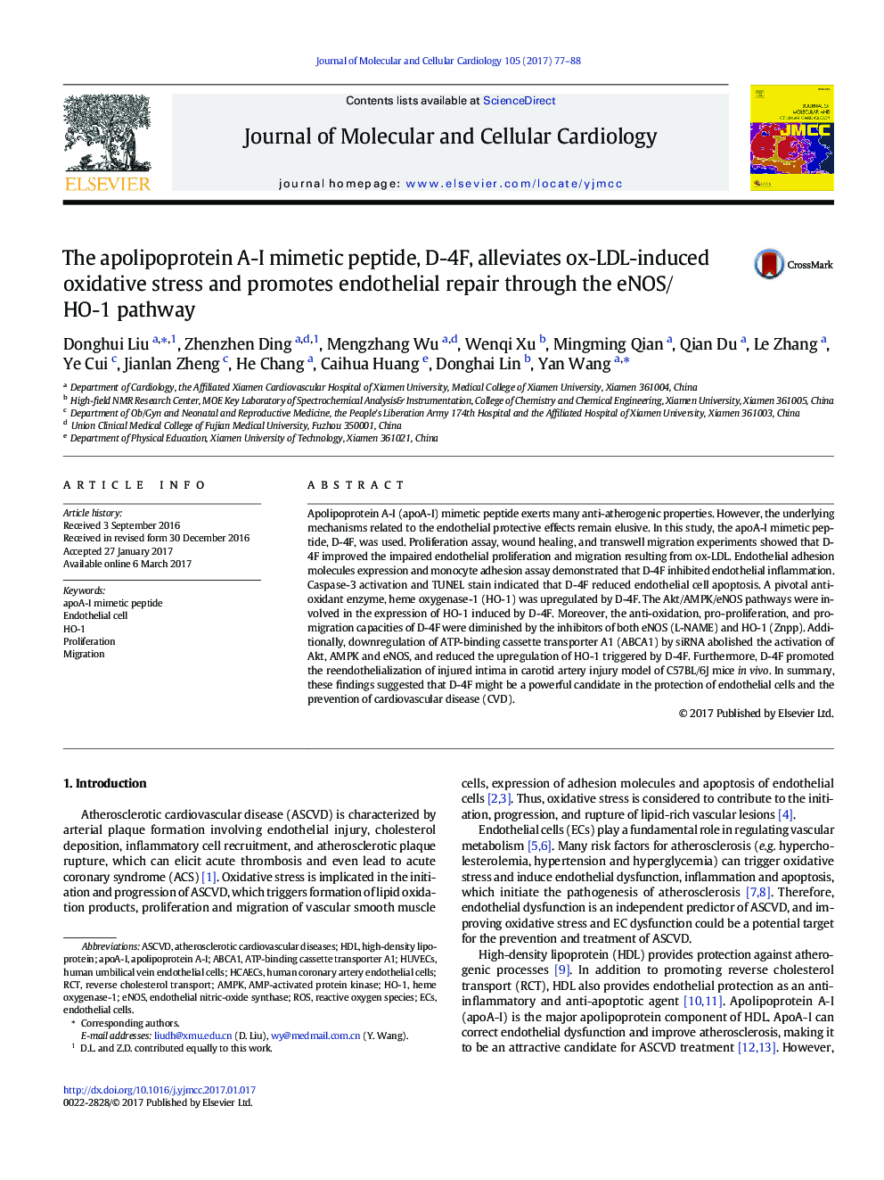 The apolipoprotein A-I mimetic peptide, D-4F, alleviates ox-LDL-induced oxidative stress and promotes endothelial repair through the eNOS/HO-1 pathway