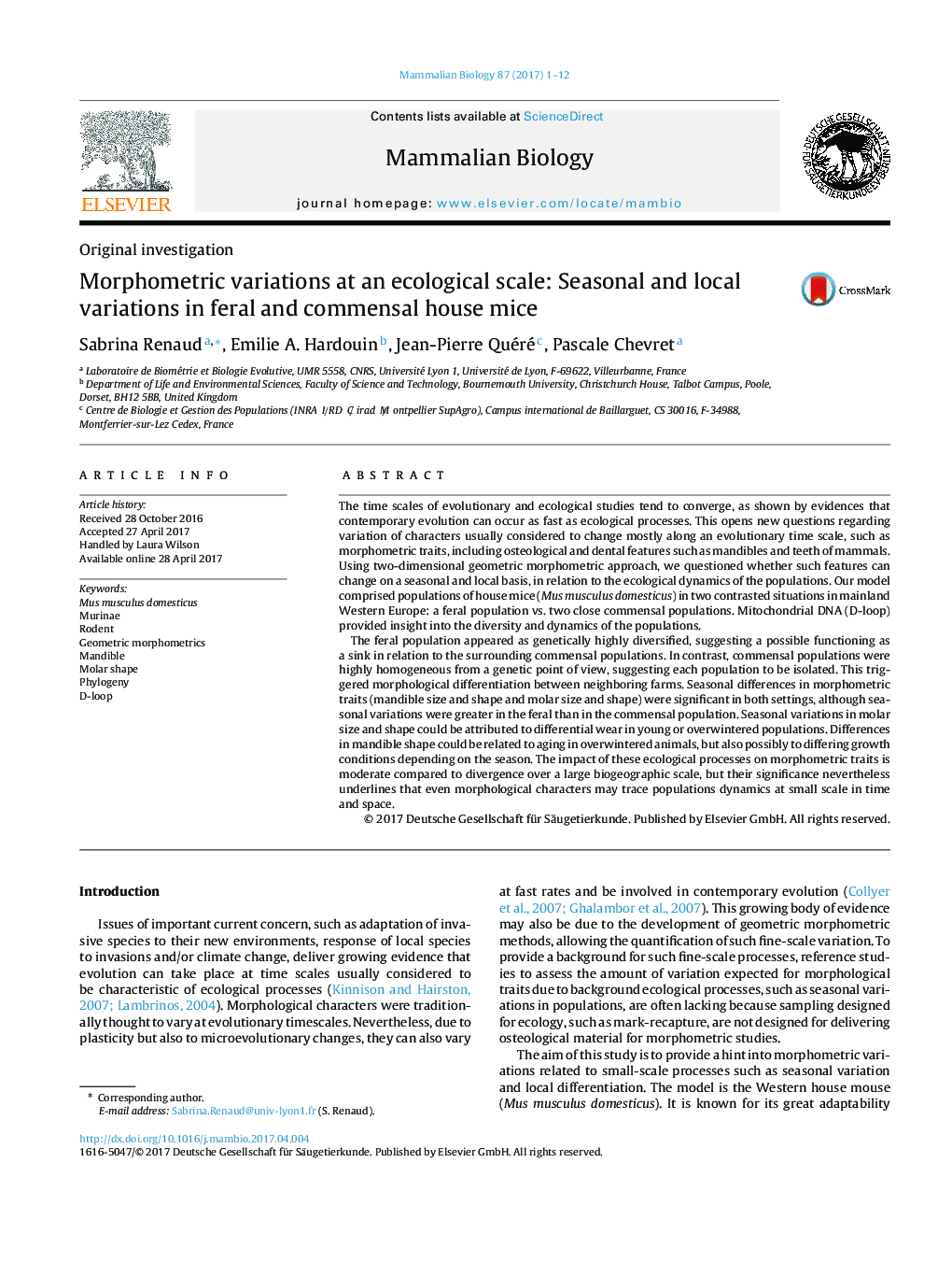 Original investigationMorphometric variations at an ecological scale: Seasonal and local variations in feral and commensal house mice