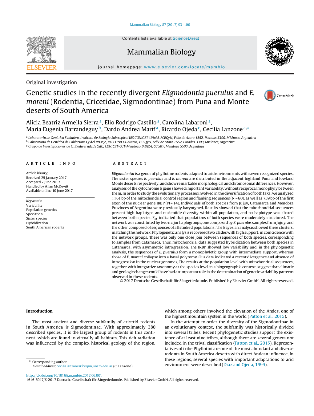 Original investigationGenetic studies in the recently divergent Eligmodontia puerulus and E. moreni (Rodentia, Cricetidae, Sigmodontinae) from Puna and Monte deserts of South America