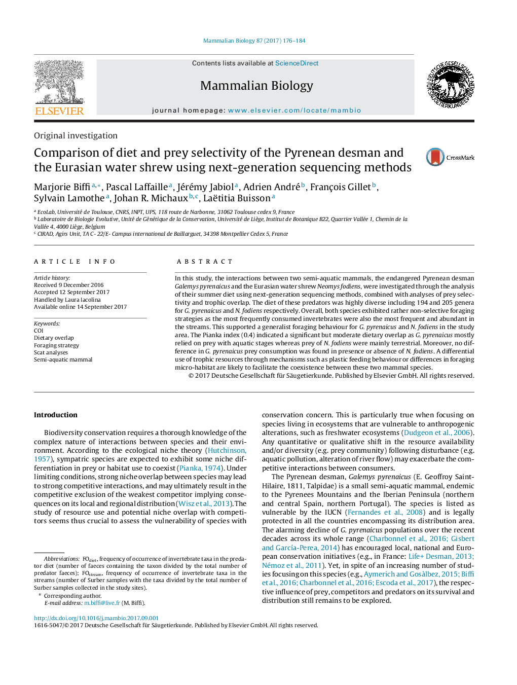 Original investigationComparison of diet and prey selectivity of the Pyrenean desman and the Eurasian water shrew using next-generation sequencing methods