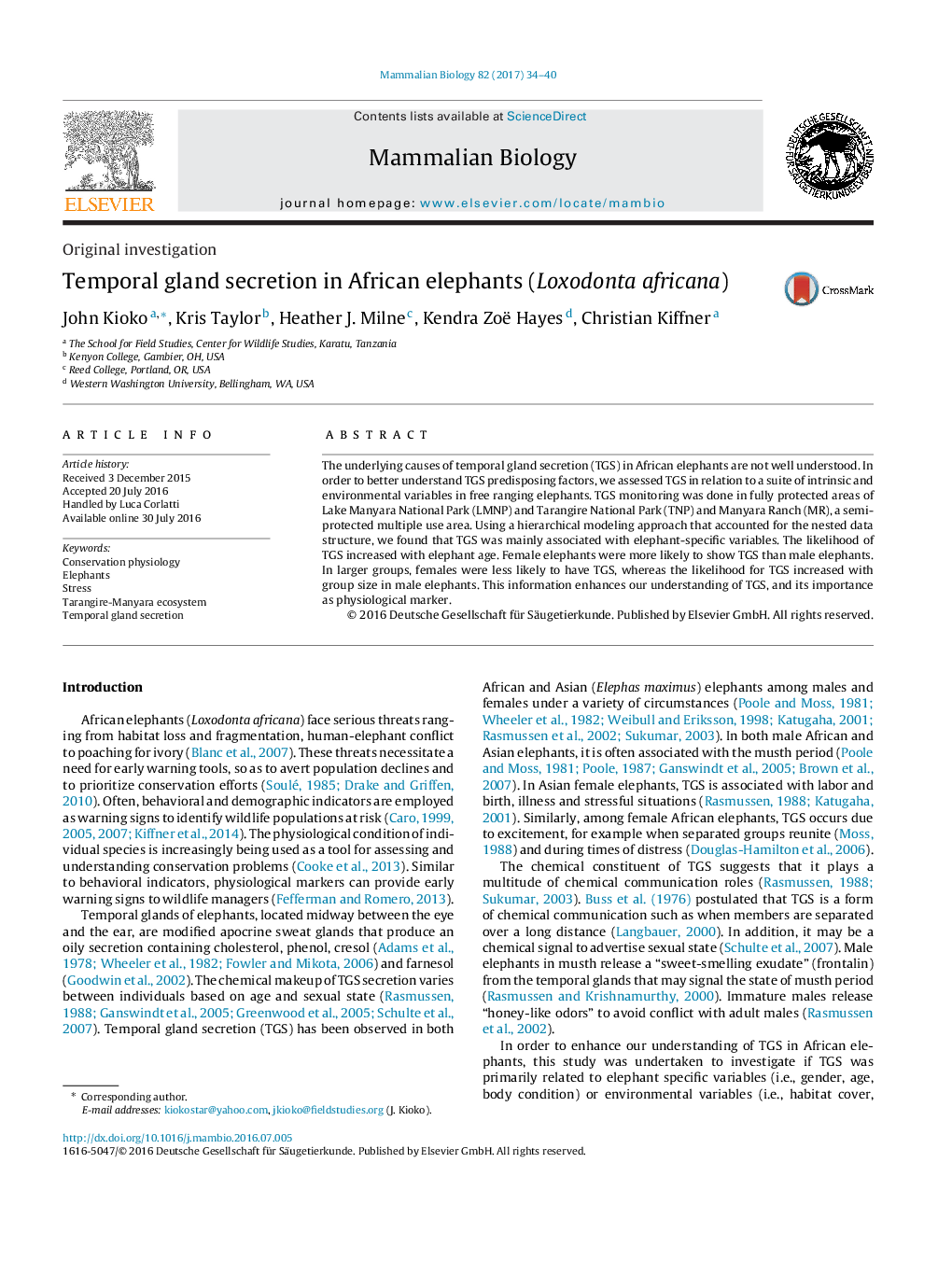 Original investigationTemporal gland secretion in African elephants (Loxodonta africana)