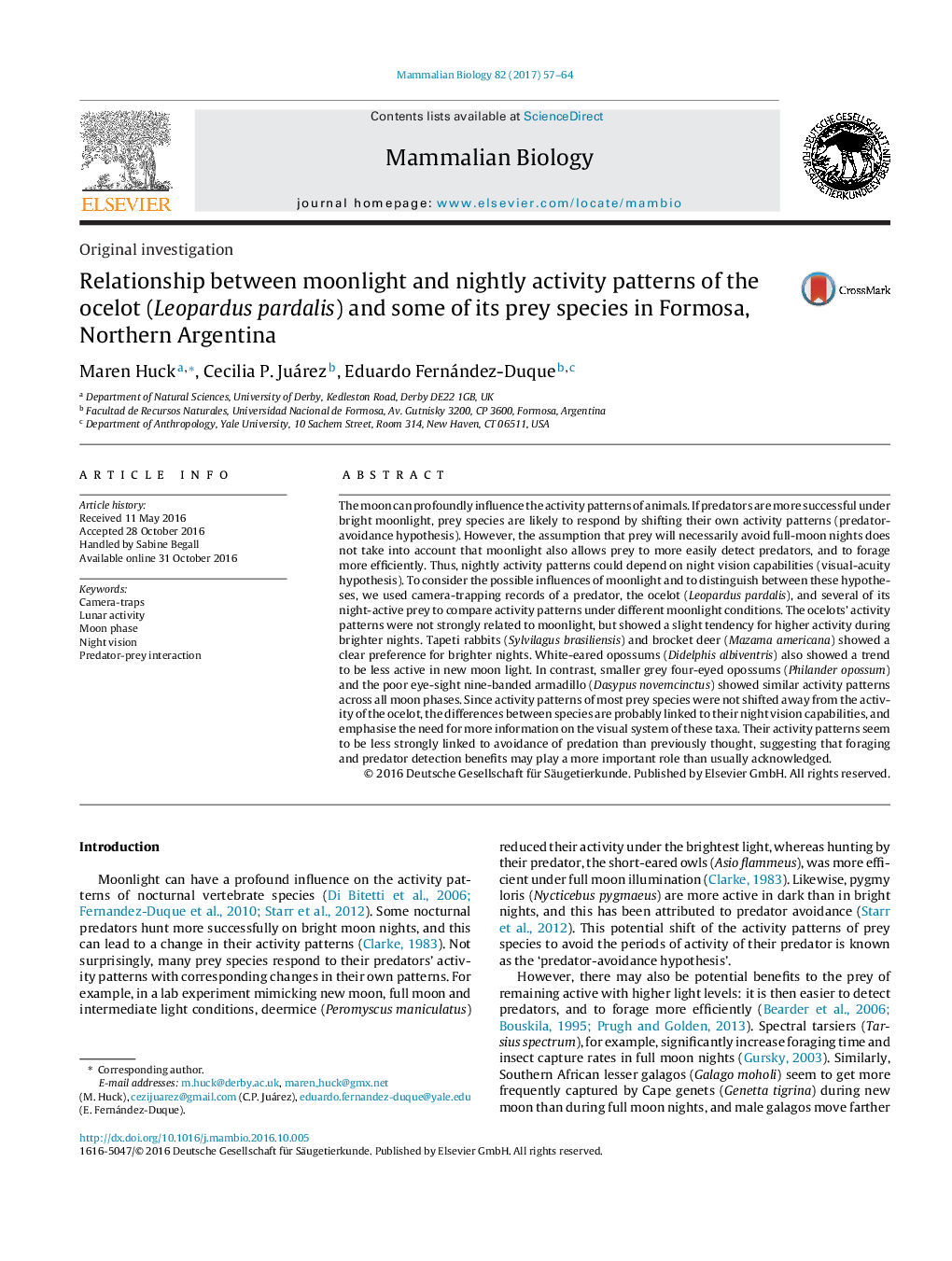 Relationship between moonlight and nightly activity patterns of the ocelot (Leopardus pardalis) and some of its prey species in Formosa, Northern Argentina