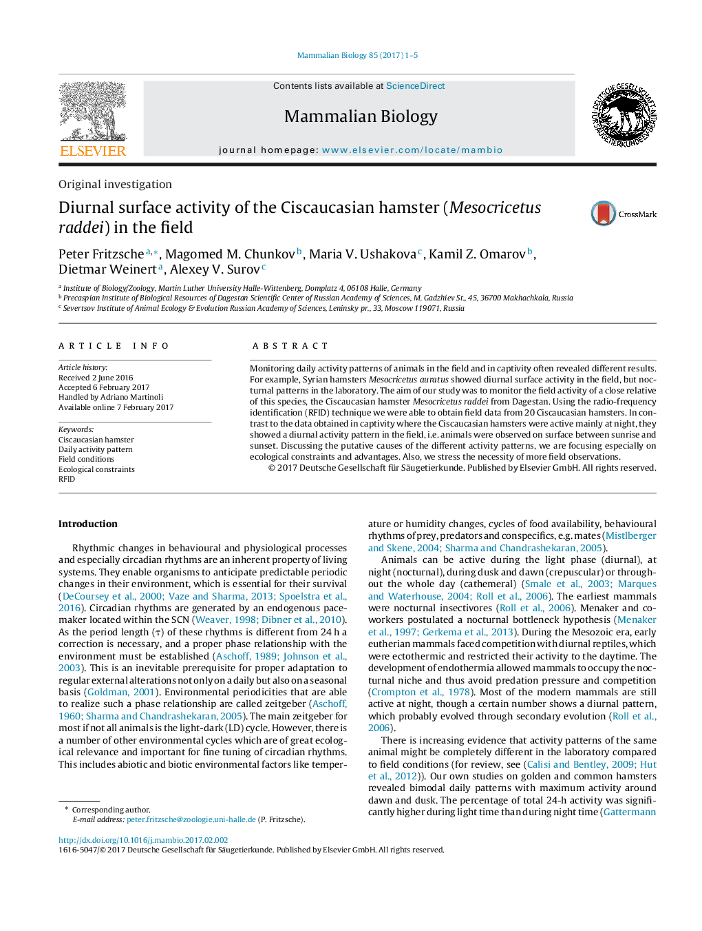 Original investigationDiurnal surface activity of the Ciscaucasian hamster (Mesocricetus raddei) in the field