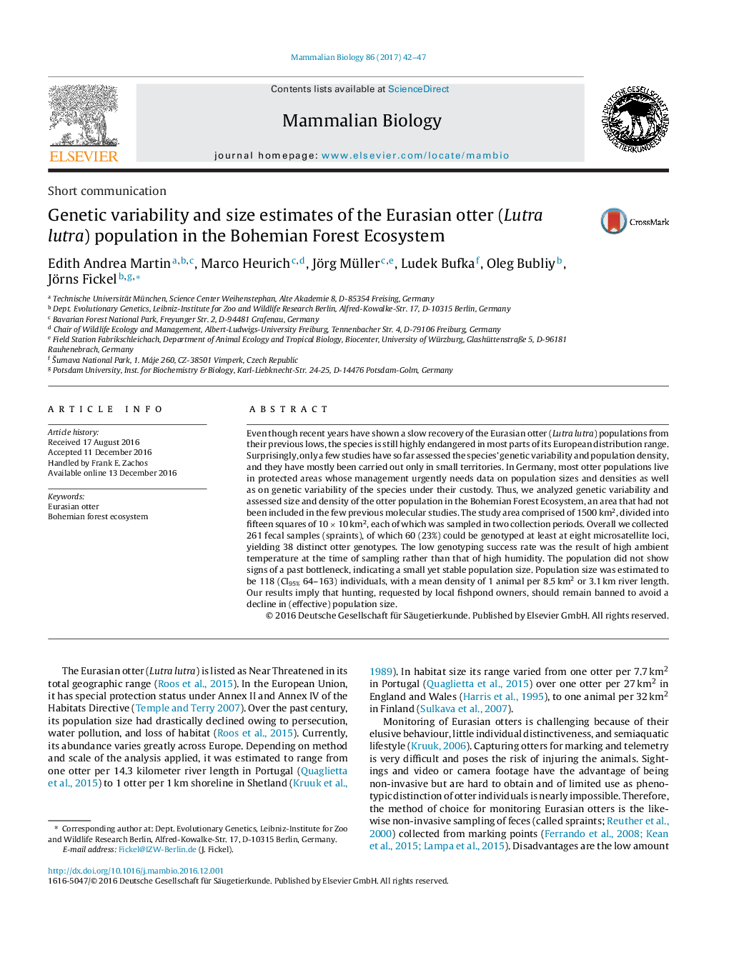 Short communicationGenetic variability and size estimates of the Eurasian otter (Lutra lutra) population in the Bohemian Forest Ecosystem