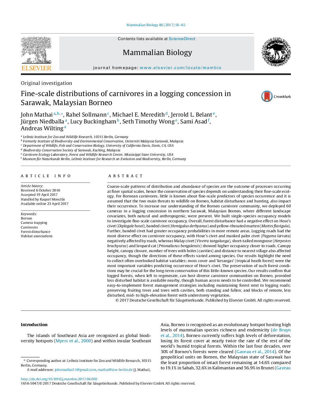 Original investigationFine-scale distributions of carnivores in a logging concession in Sarawak, Malaysian Borneo