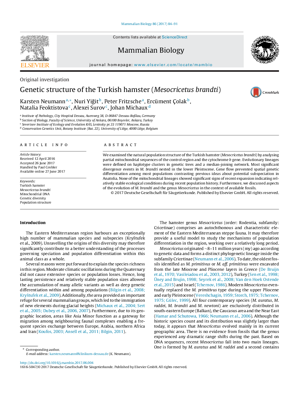 Original investigationGenetic structure of the Turkish hamster (Mesocricetus brandti)