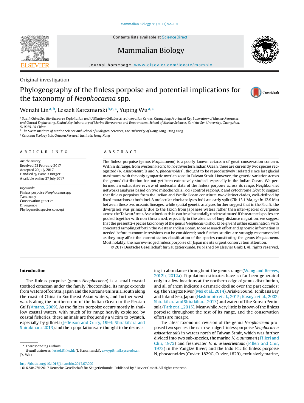 Original investigationPhylogeography of the finless porpoise and potential implications for the taxonomy of Neophocaena spp.