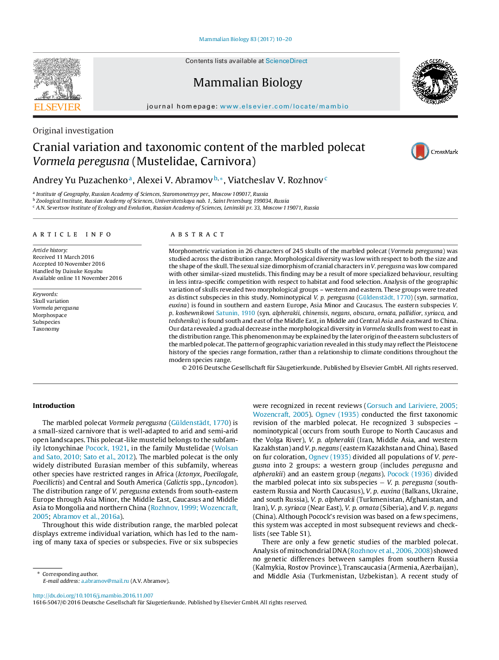 Original investigationCranial variation and taxonomic content of the marbled polecat Vormela peregusna (Mustelidae, Carnivora)