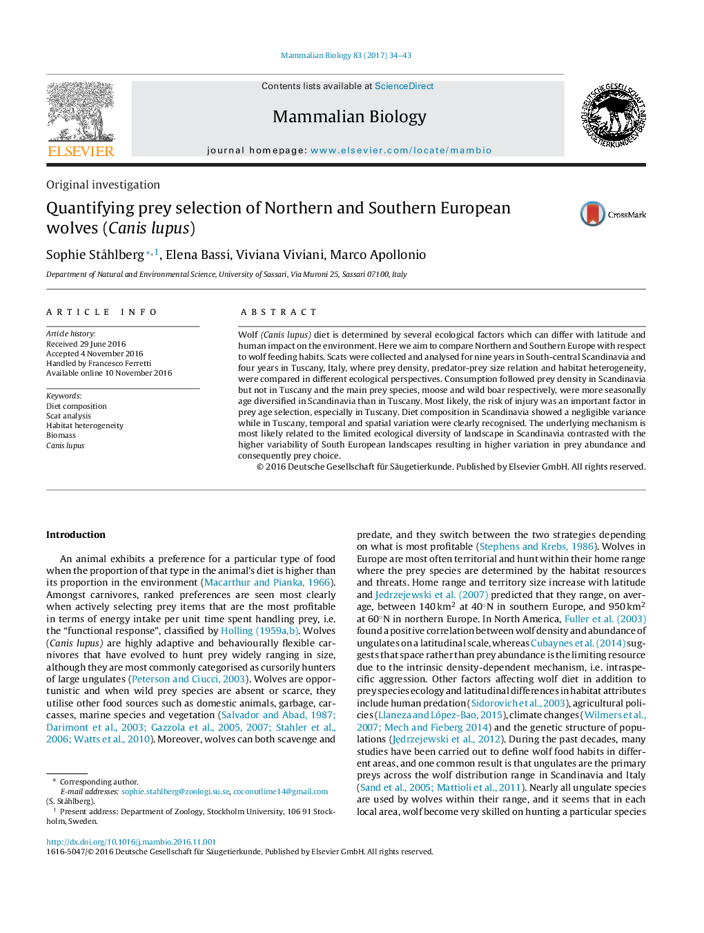 Original investigationQuantifying prey selection of Northern and Southern European wolves (Canis lupus)