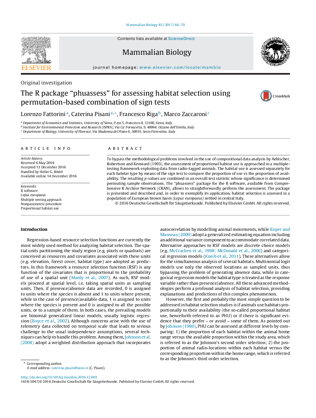 Original investigationThe R package “phuassess” for assessing habitat selection using permutation-based combination of sign tests