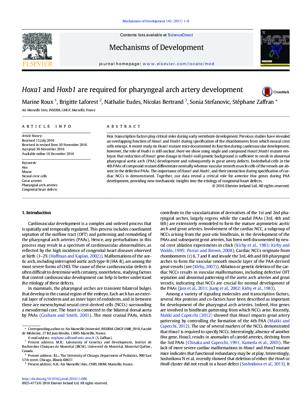 Hoxa1 and Hoxb1 are required for pharyngeal arch artery development