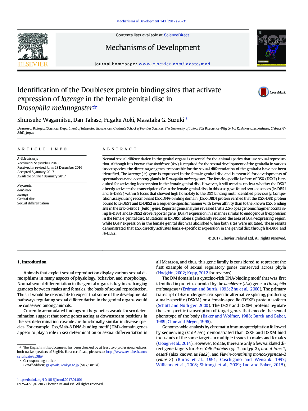 Identification of the Doublesex protein binding sites that activate expression of lozenge in the female genital disc in Drosophila melanogaster