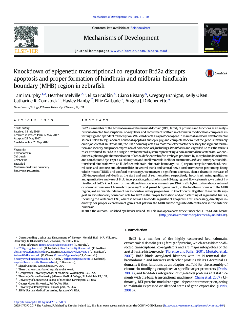 Knockdown of epigenetic transcriptional co-regulator Brd2a disrupts apoptosis and proper formation of hindbrain and midbrain-hindbrain boundary (MHB) region in zebrafish