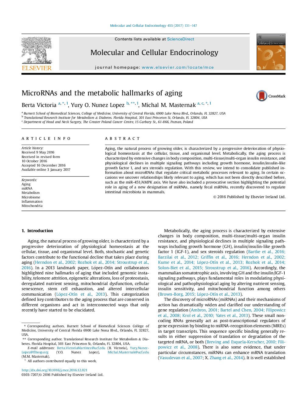 MicroRNAs and the metabolic hallmarks of aging