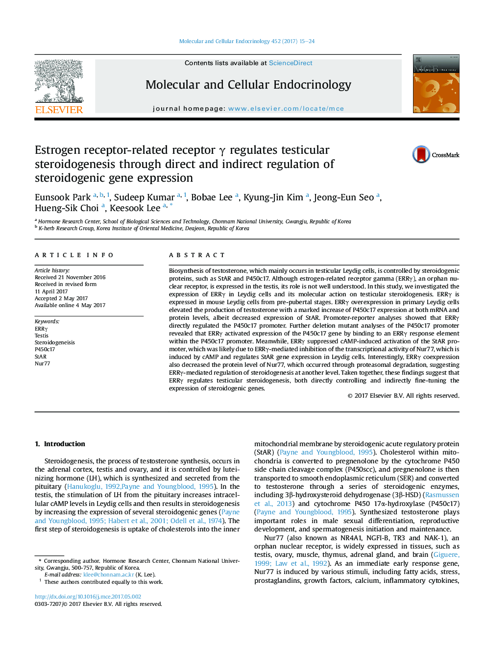 Estrogen receptor-related receptor Î³ regulates testicular steroidogenesis through direct and indirect regulation of steroidogenic gene expression