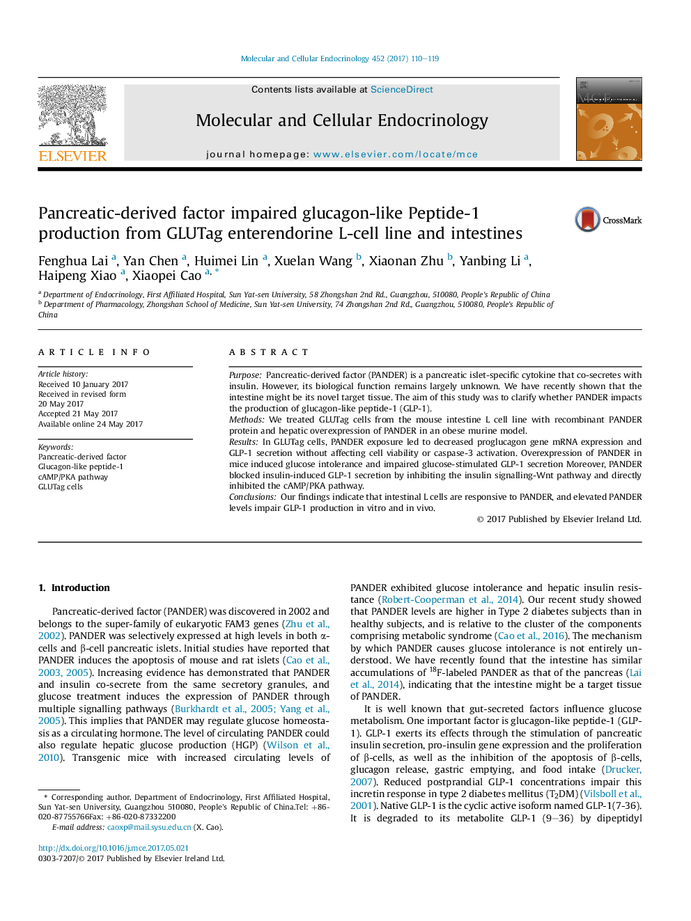 Pancreatic-derived factor impaired glucagon-like Peptide-1 production from GLUTag enterendorine L-cell line and intestines